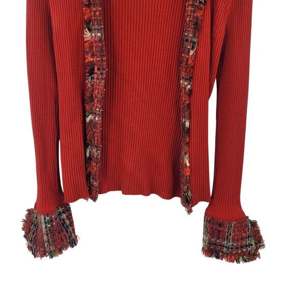 My Favorite Things Red Ribbed Silk Cardigan Jacket L Plaid Tweed Collar Cuffs - Picture 8 of 15